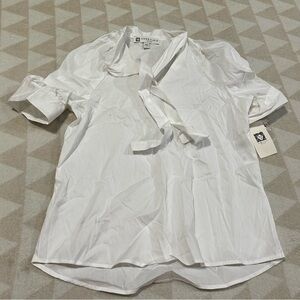 Anne klein ivory puff sleeve tie neck blouse notch neck